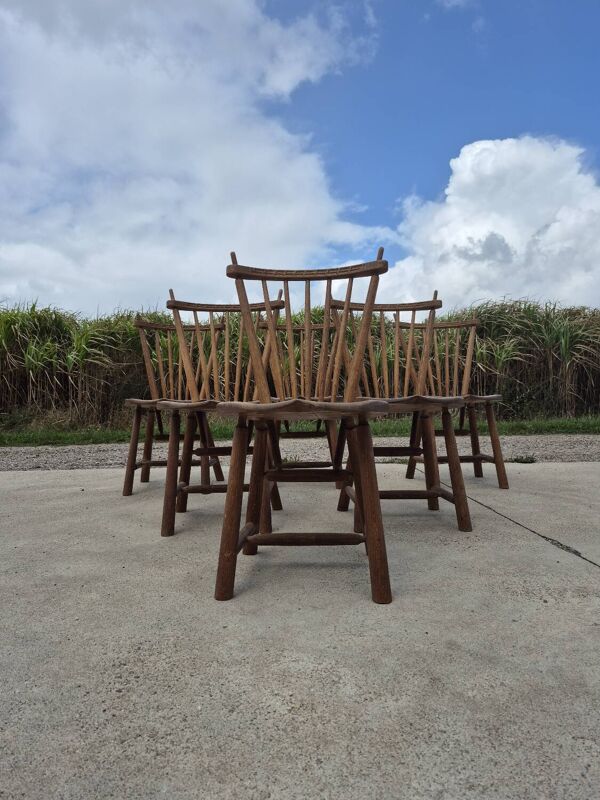 Ensemble de 6 chaises de salle à manger rustiques vintage hollandaises à dossier fuseau De Ster
