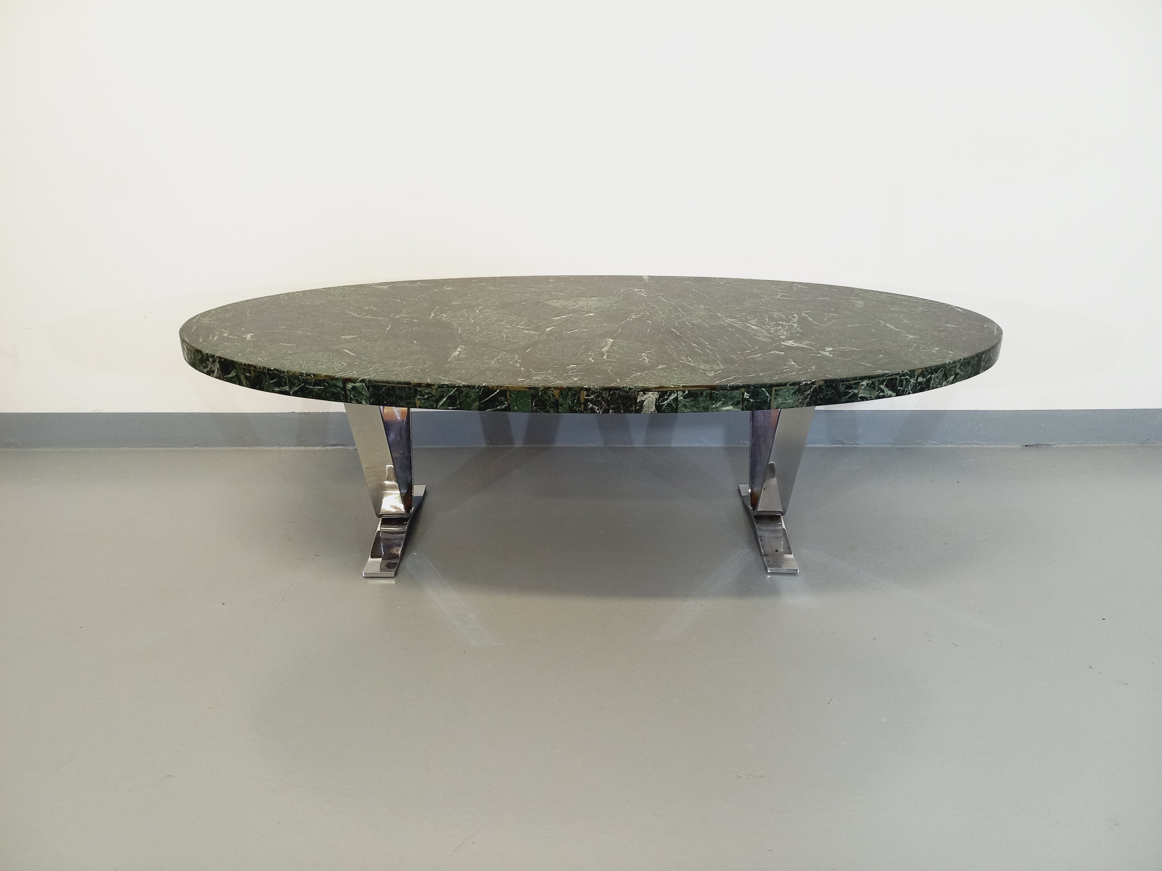 Vintage oval coffee table in stone and chromed metal from the 70s