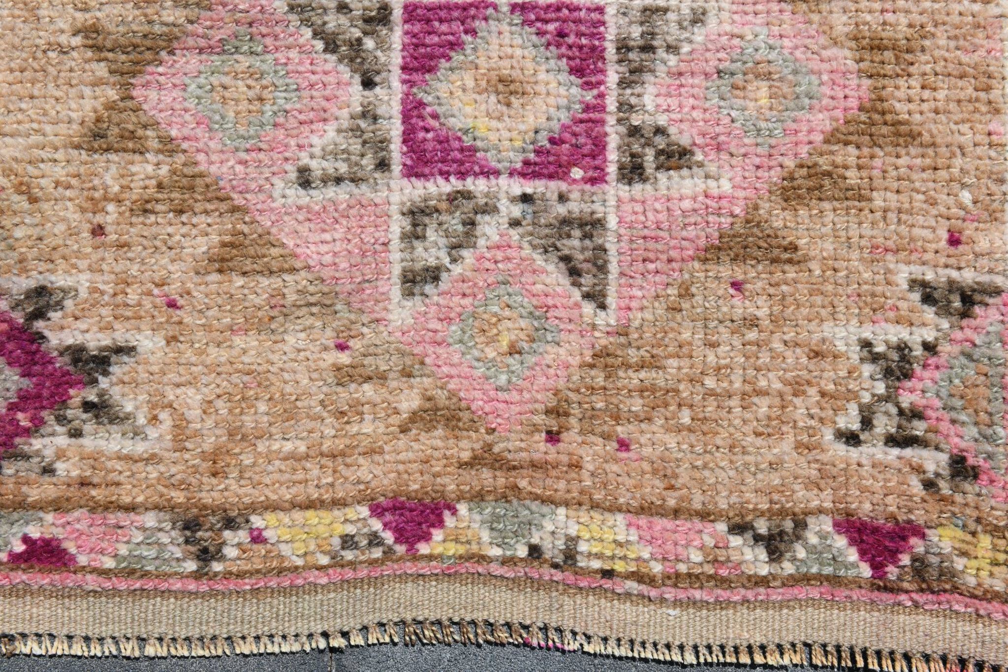 Fuchsia & Pink Vintage Runner Rug,Anatolian Geometric Wool Carpet,80x364 Cm