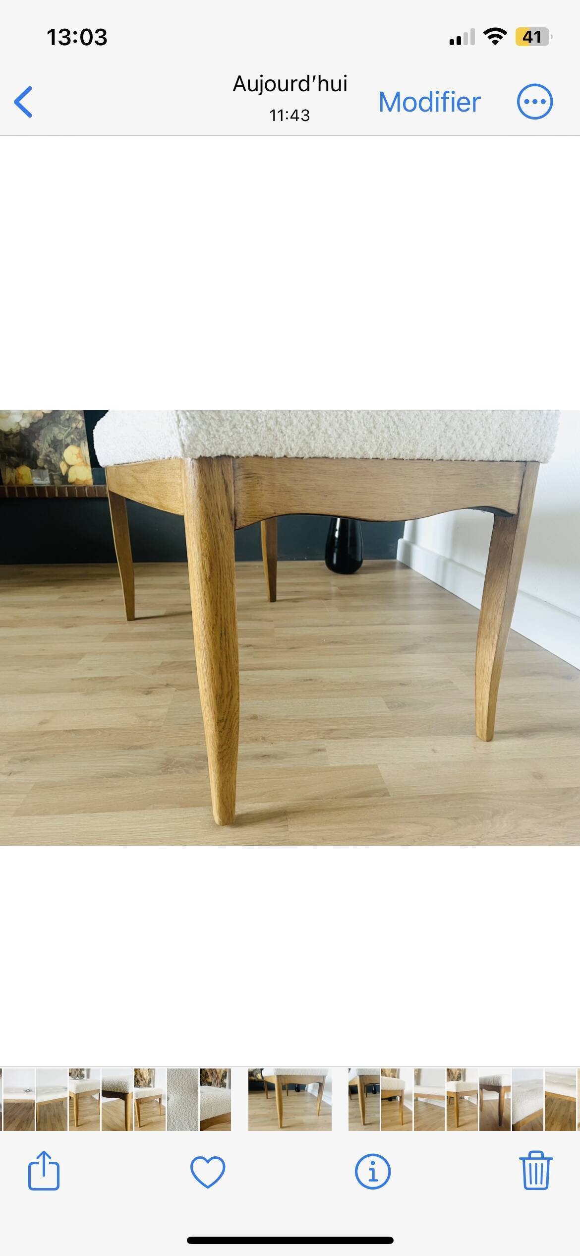 Oak bench, white fabric