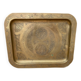 Antique Oriental Serving Tray Brass Chiseled Decor Vintage Kitchen