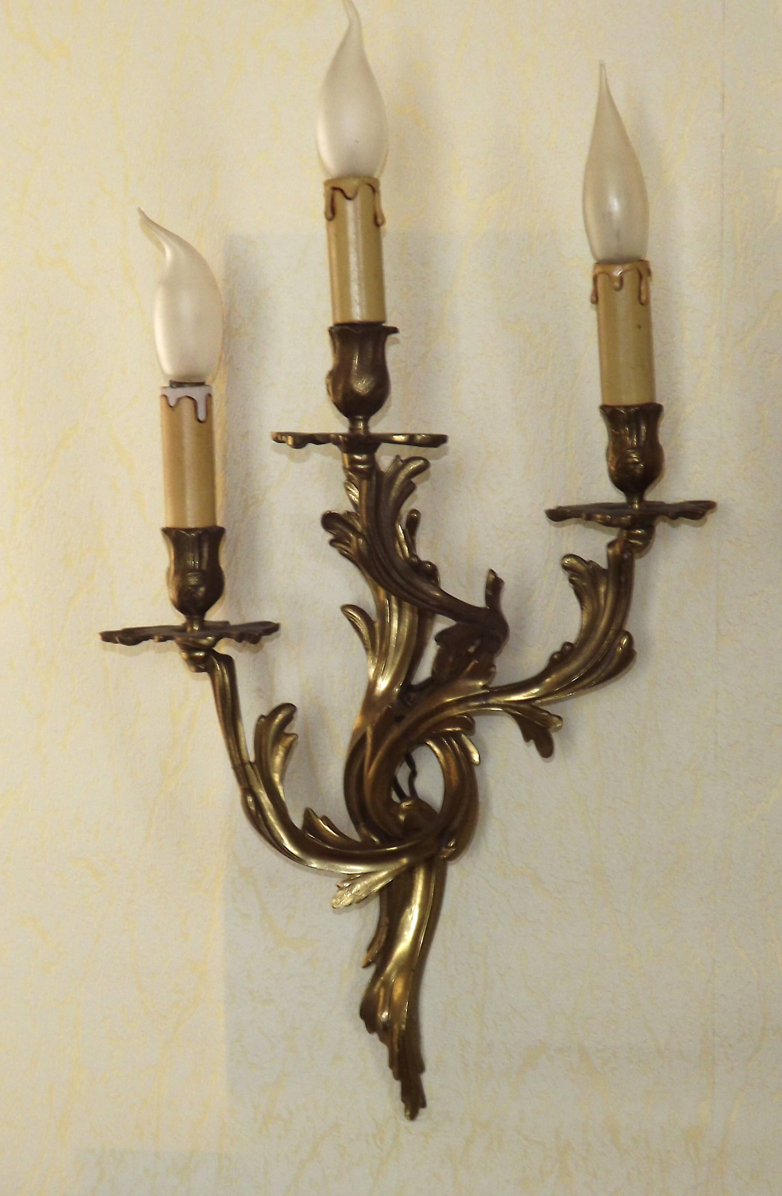 Very large pair of early 1900s 3-light acanthus leaf wall sconces 5209