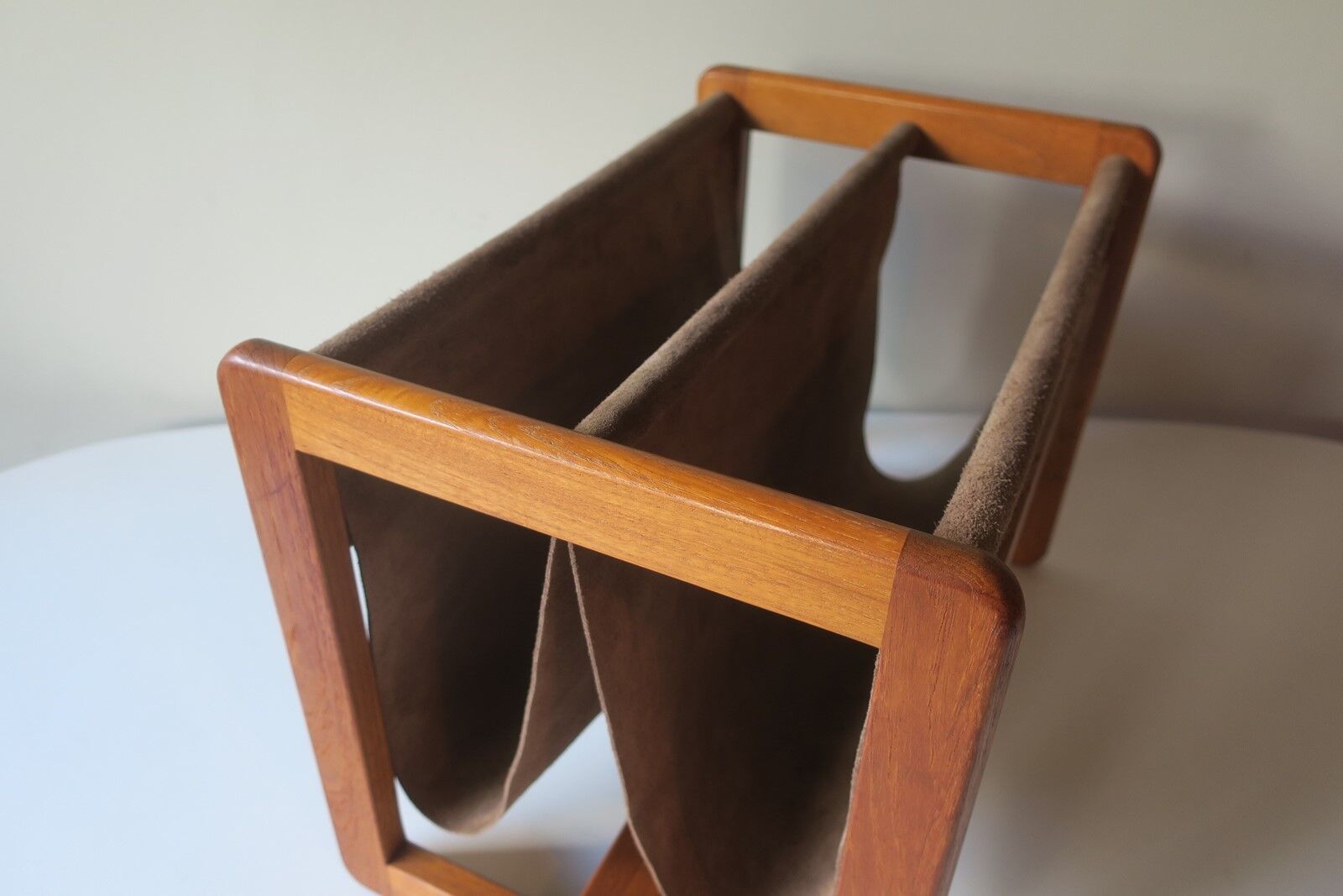Aksel Kjersgaard teak and suede leather magazine rack 1960