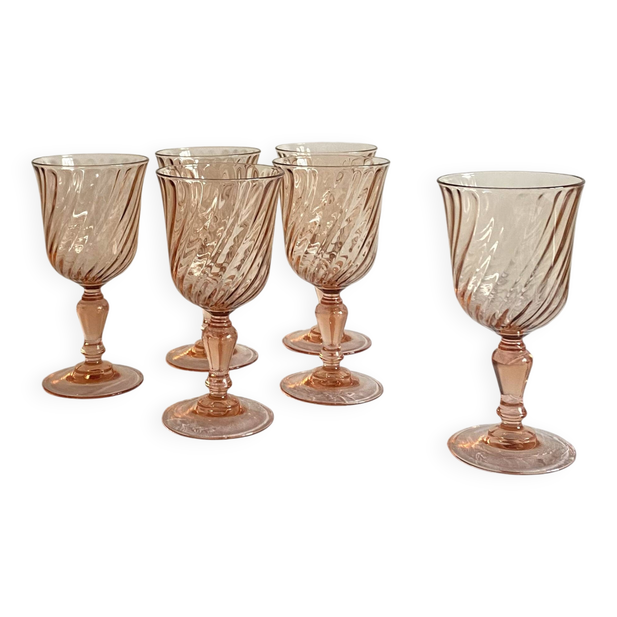 6 vintage pink wine and water glasses, Rosaline Luminarc France tableware