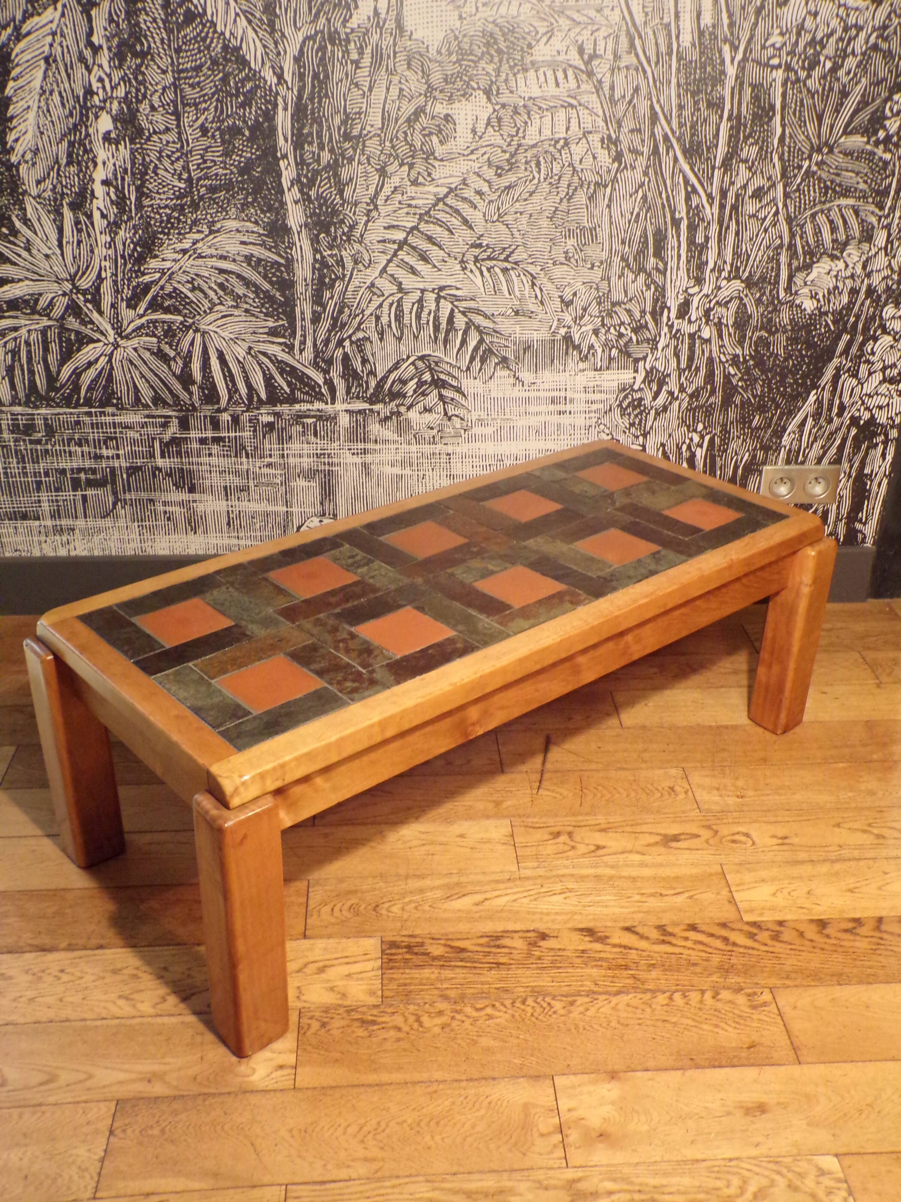 1970s coffee table in elm and schist