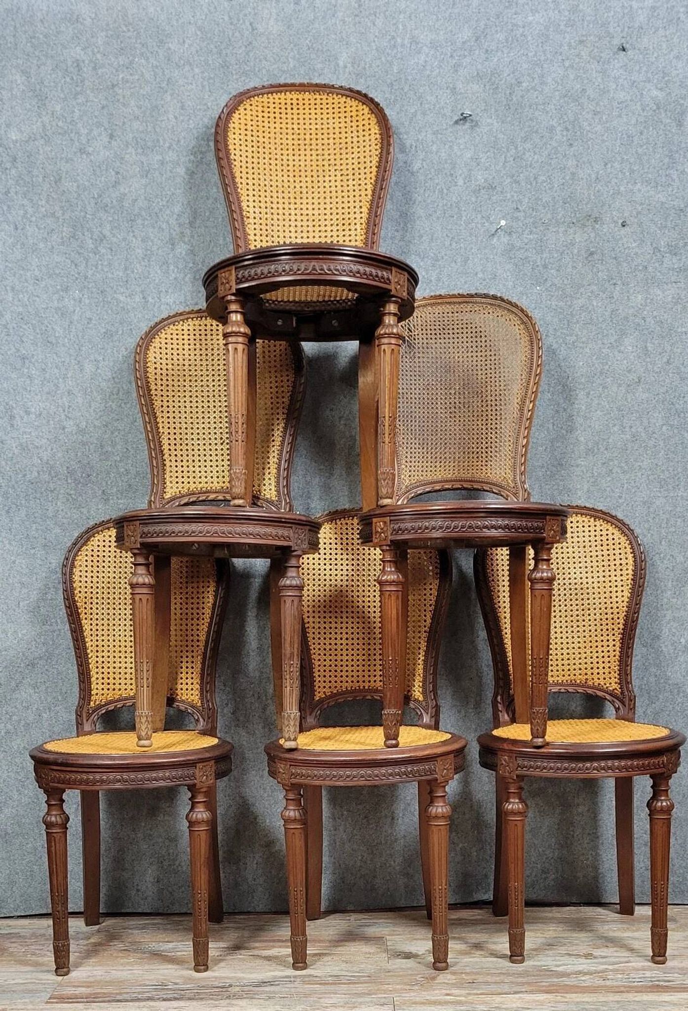 Set of 6 Louis XVI style mahogany snowshoe chairs circa 1880