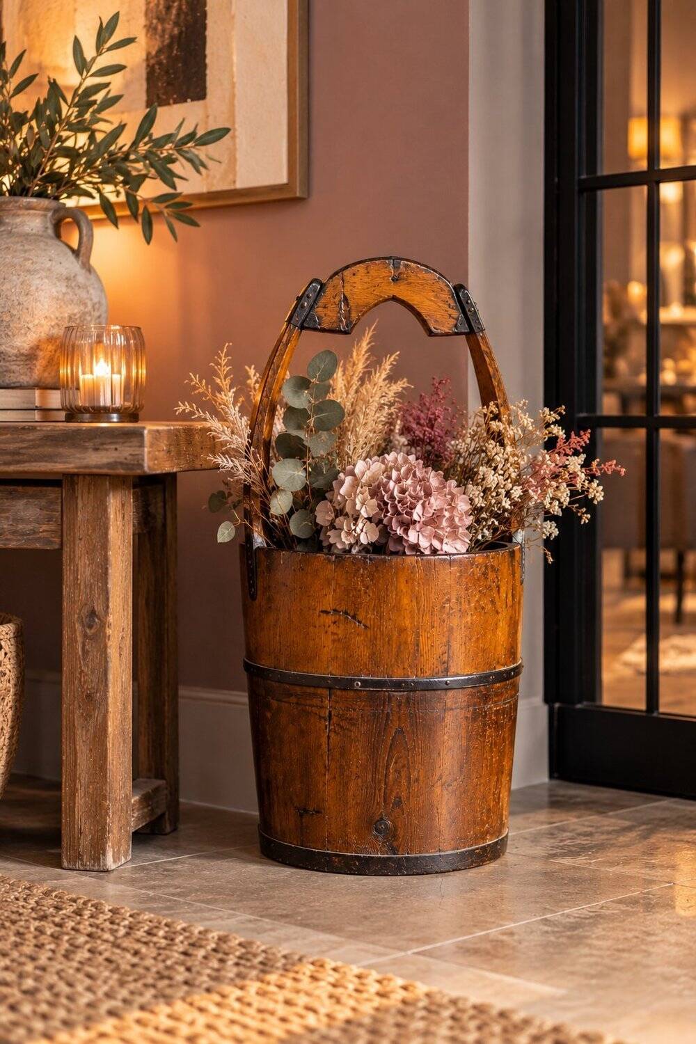 Old wooden well bucket with wrought iron bands – Late 19th century