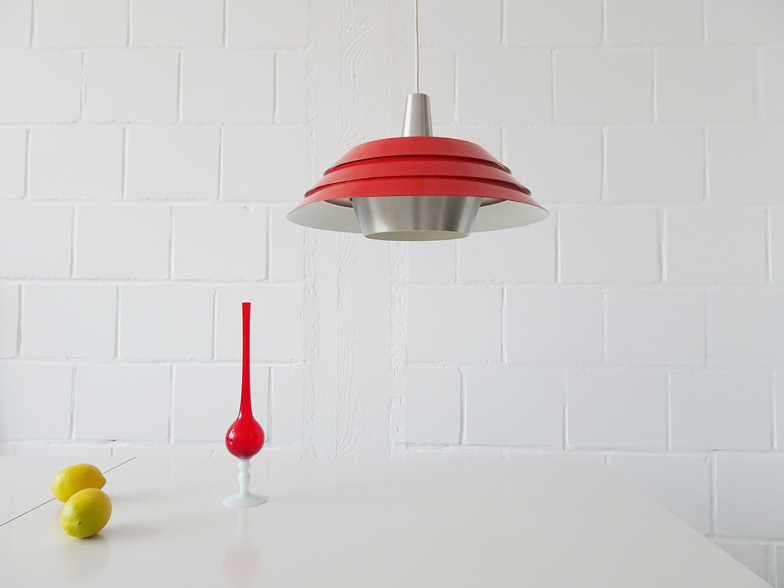 Metal hanging lamp red Mid Century Scandinavian design, pendant light