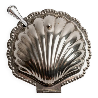 Elegant silver-tone Italian vintage 1960s shell-shaped sugar bowl with spoon