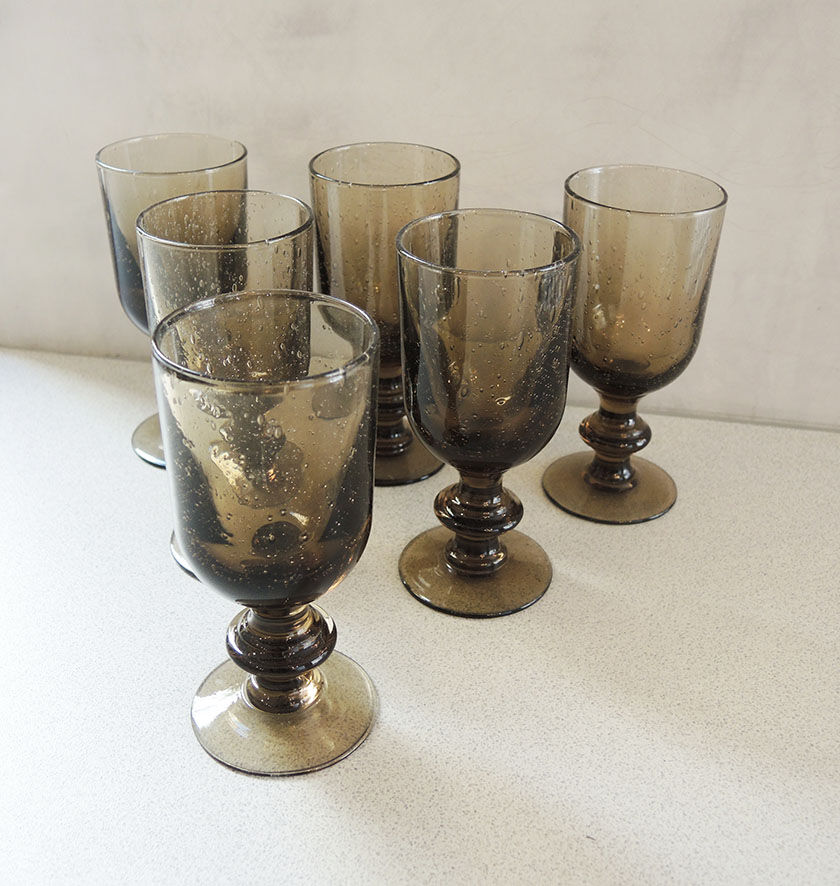 6 vintage glass foot glasses in smoked bullé from Biot