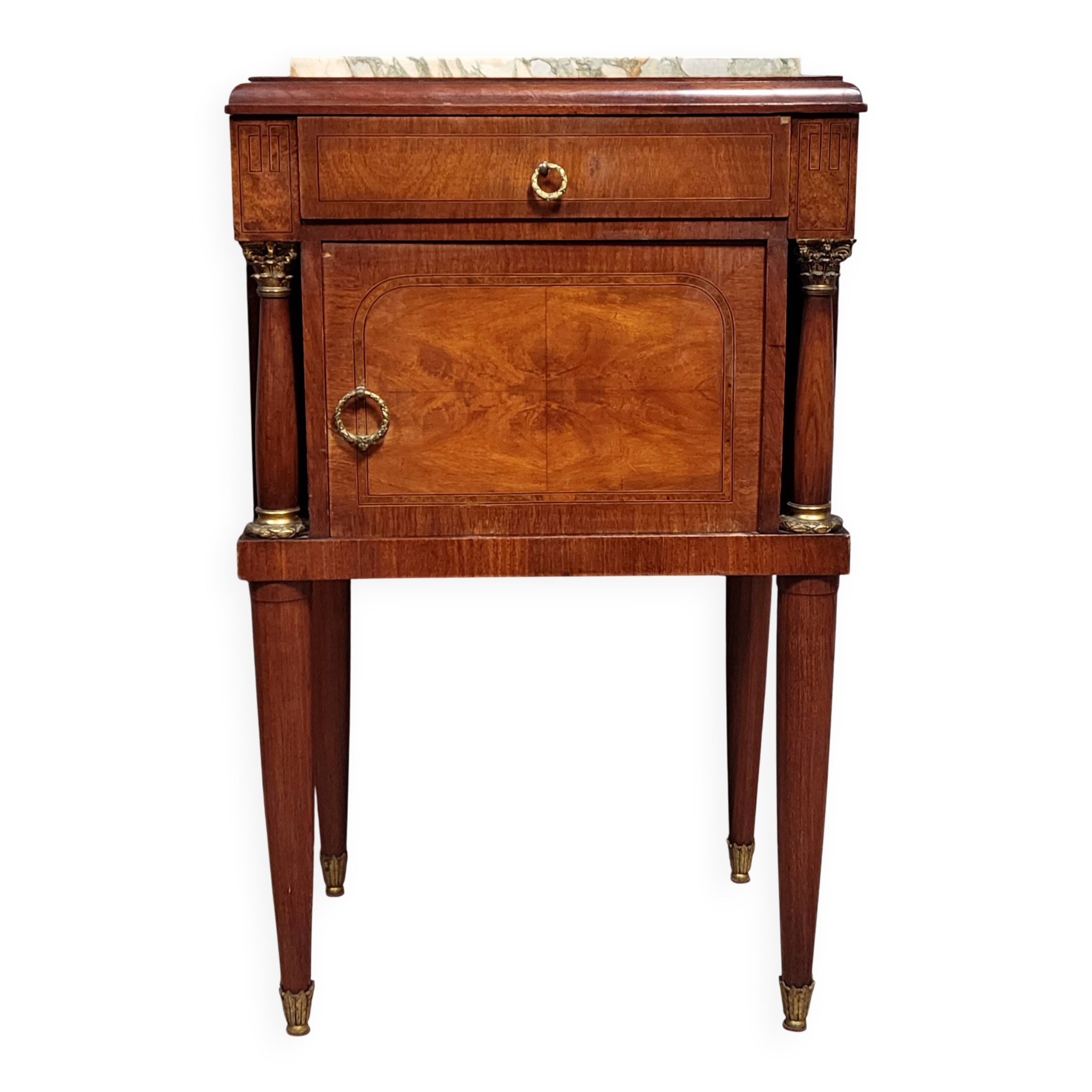Empire/Restoration style bedside table, mahogany and burl