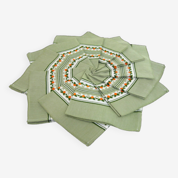 11 serviettes de table en Dralon kaki - motifs petites fleurs - vintage années 60