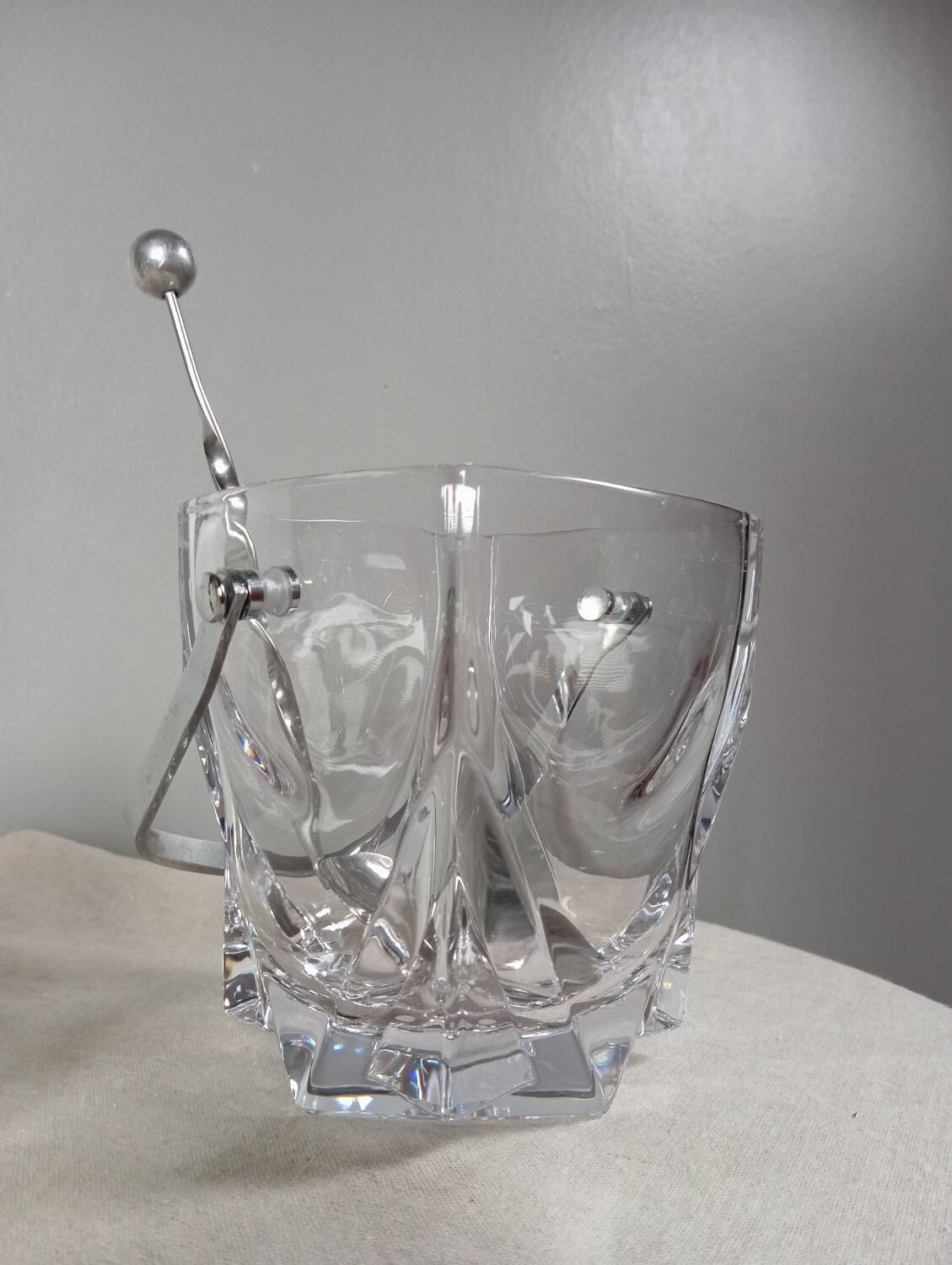 Duo of crystal ice buckets, silver metal, vintage