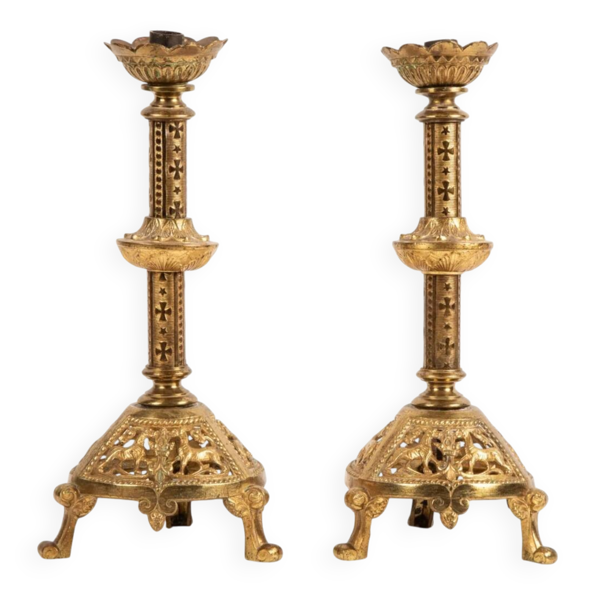 Pair of neo-Byzantine style gilt metal candlesticks. Late 19th century.