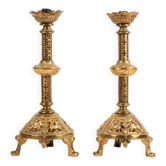 Pair of neo-Byzantine style gilt metal candlesticks. Late 19th century.
