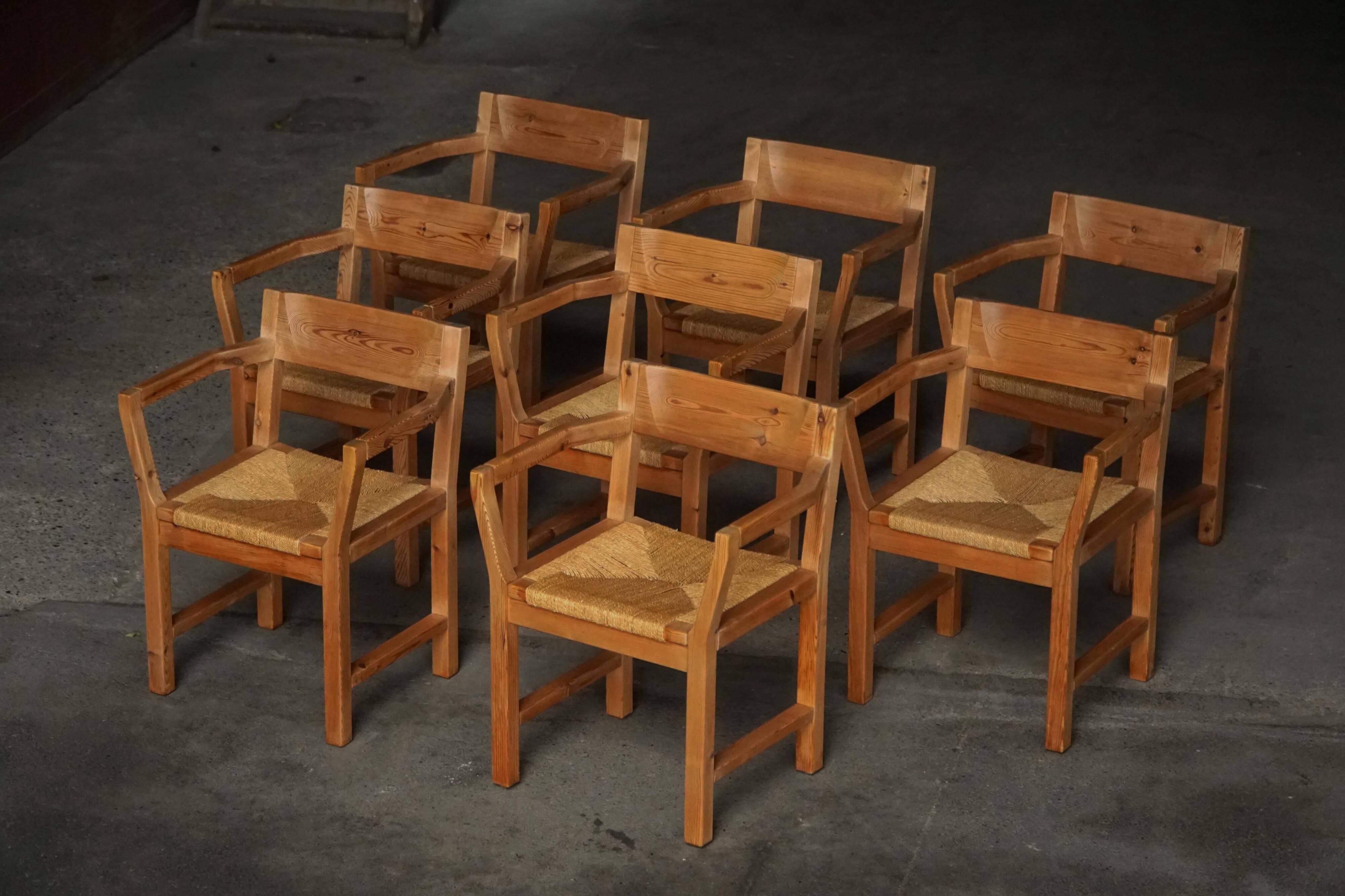 Set of 8 Danish dining chairs in pine and woven paper cord, Tage Poulsen, 1970s.