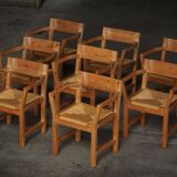 Set of 8 Danish dining chairs in pine and woven paper cord, Tage Poulsen, 1970s.