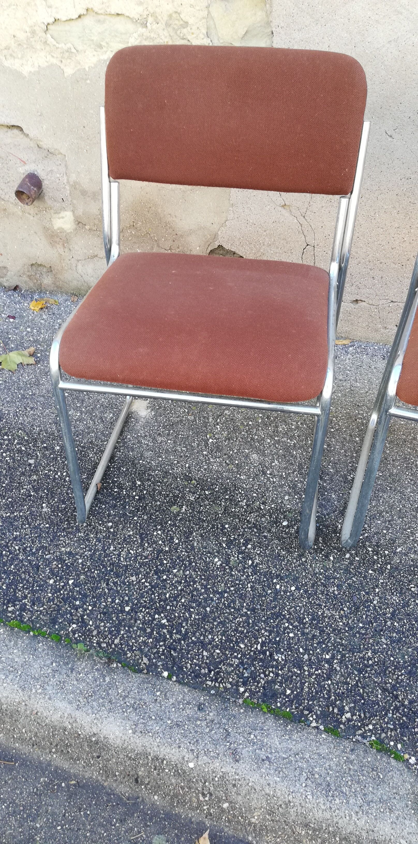 Set de 4 chaises vintage chrome et tissu marron
