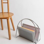Vintage argent chrome-plated metal magazine rack by Mascagni – perforated, space-age design, Italy 1970s
