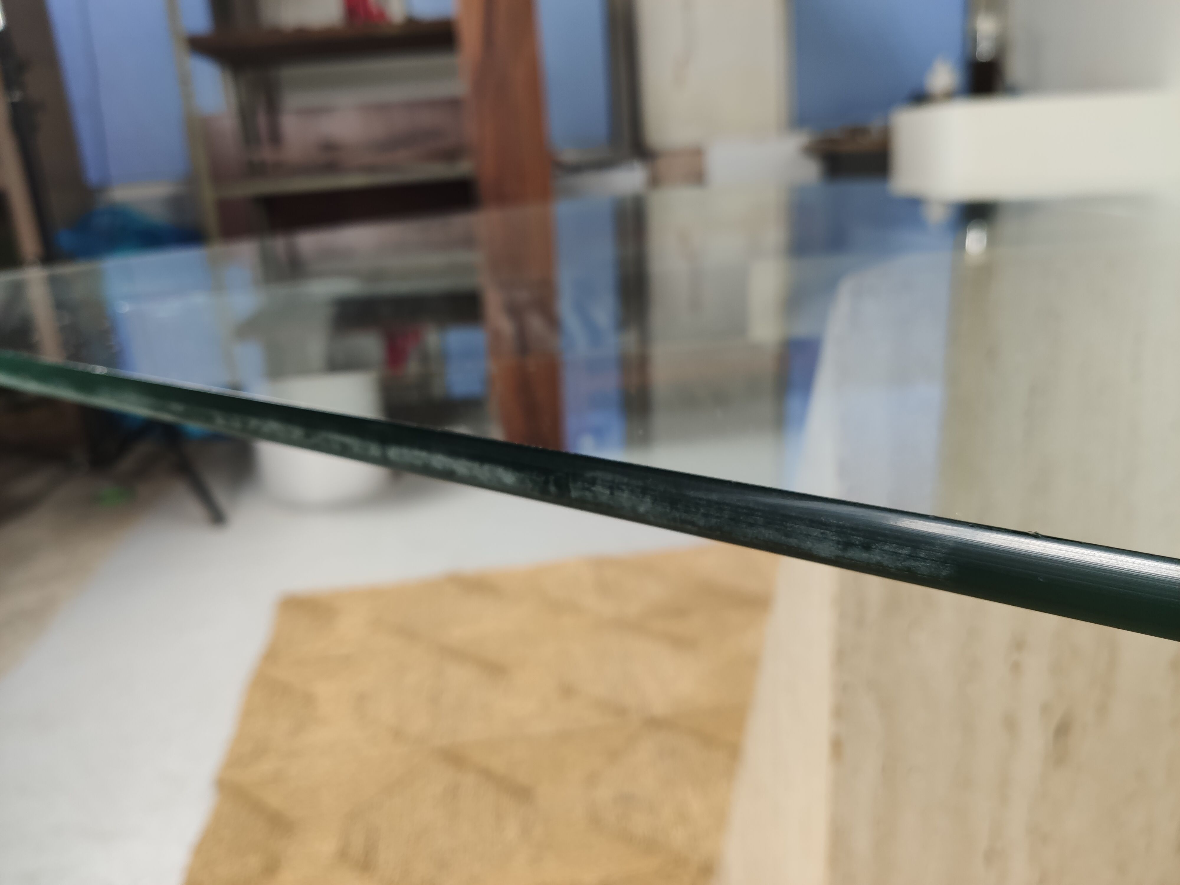 square dining table in travertine and glass , 80s