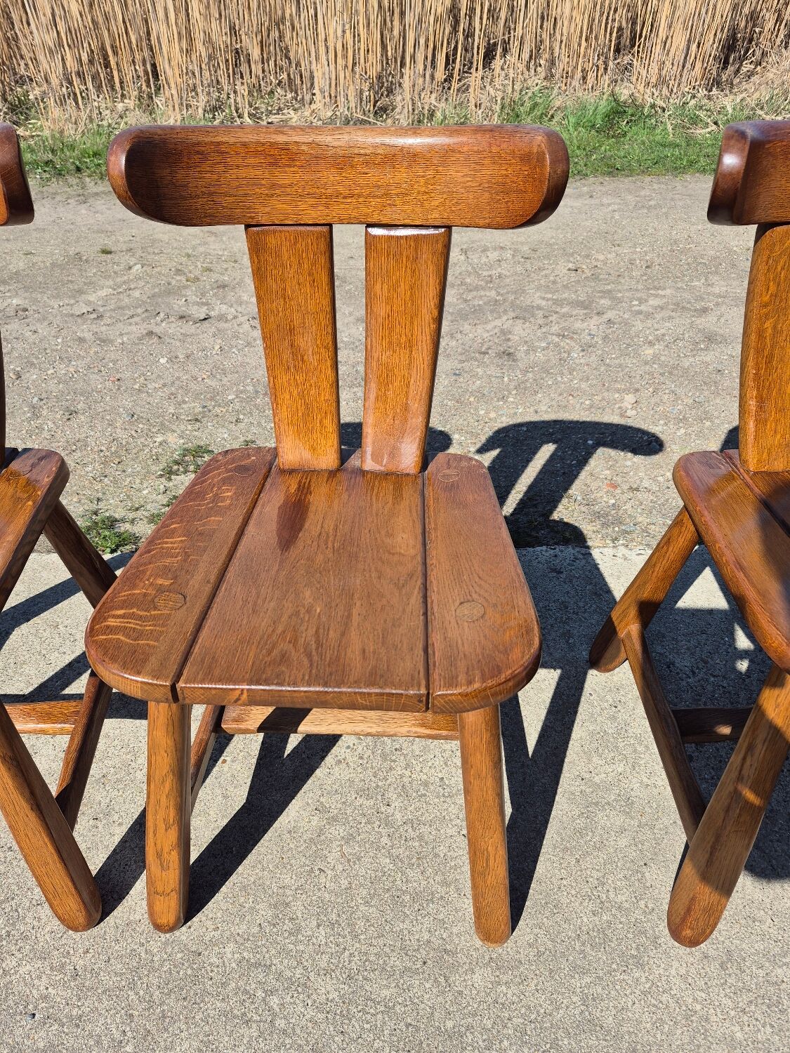 Brutalist set solid oak round dining table 4 chairs Depuydt Belgium