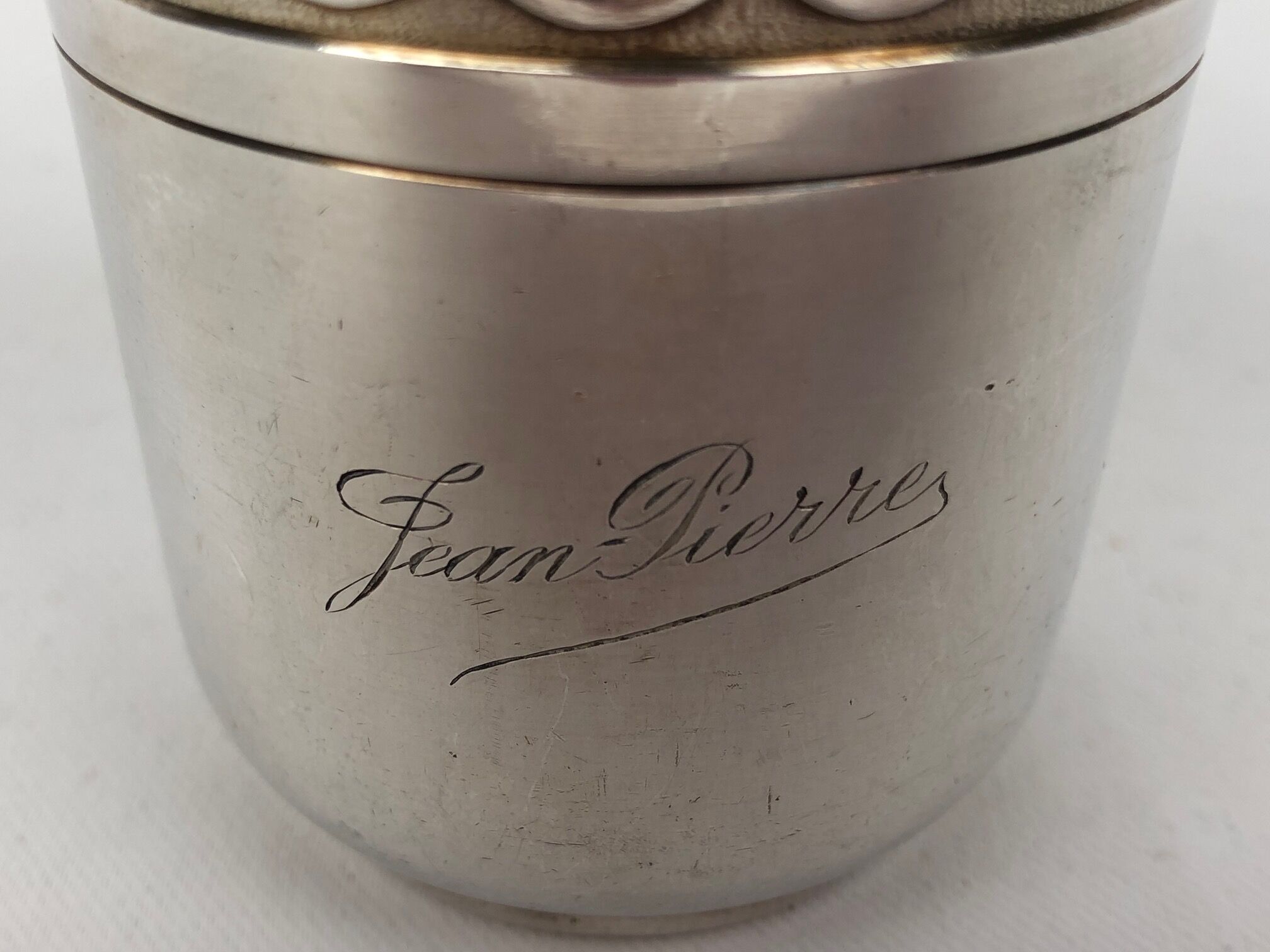 Timbale Christofle vintage silver metal, engraved Jean-Pierre, 1950