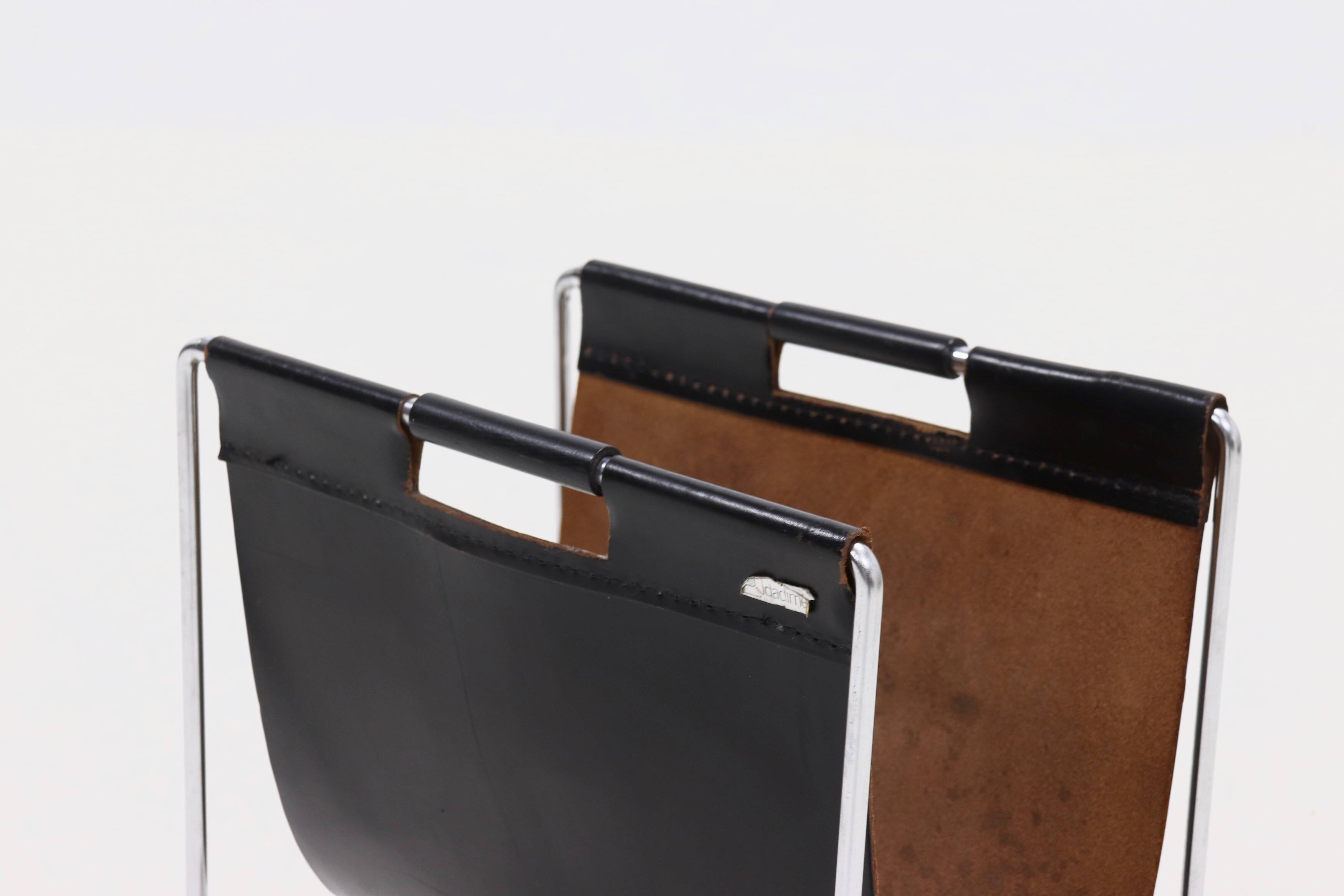 Vintage Brabantia Black Leather & Chrome Magazine Rack 1970s