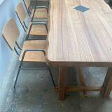 Brutalist Aranjou style table in elm and 6 Stella chairs.