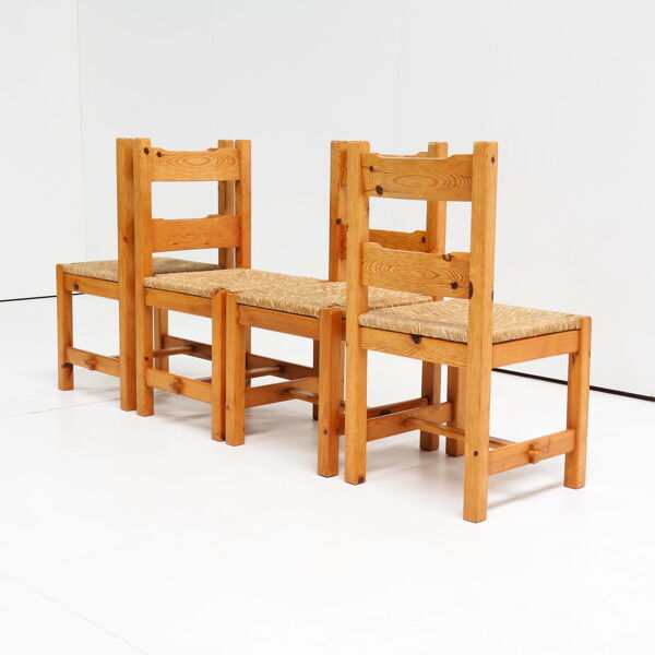 Ensemble de chaises des années 70 en bois de pin avec siège de paille