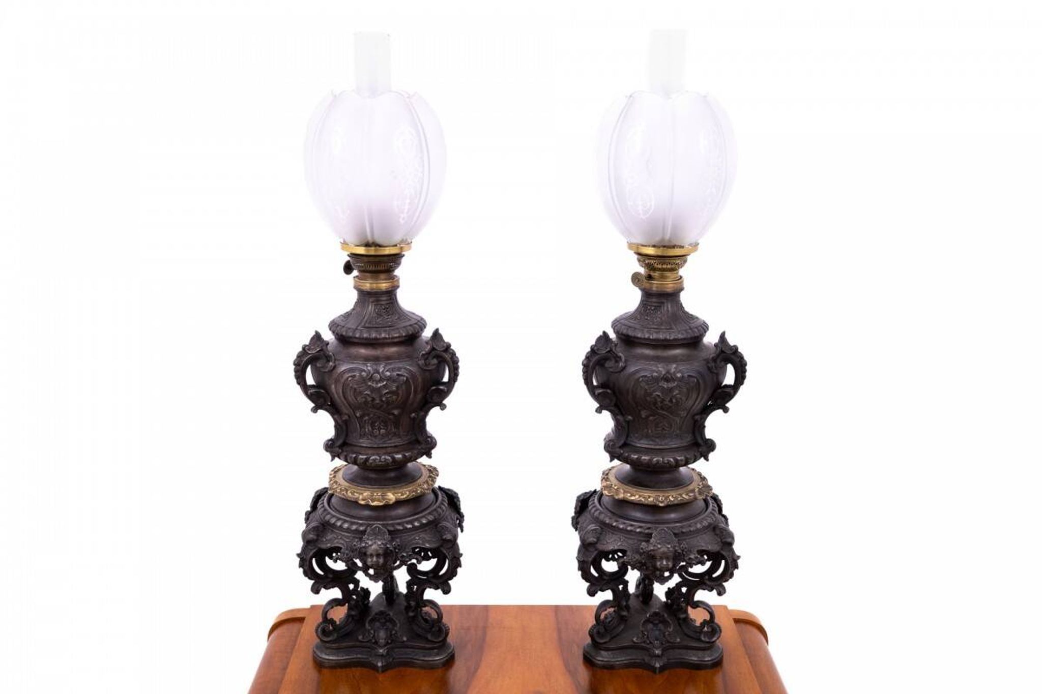 Pair of bronze oil lamps, France, circa 1880.