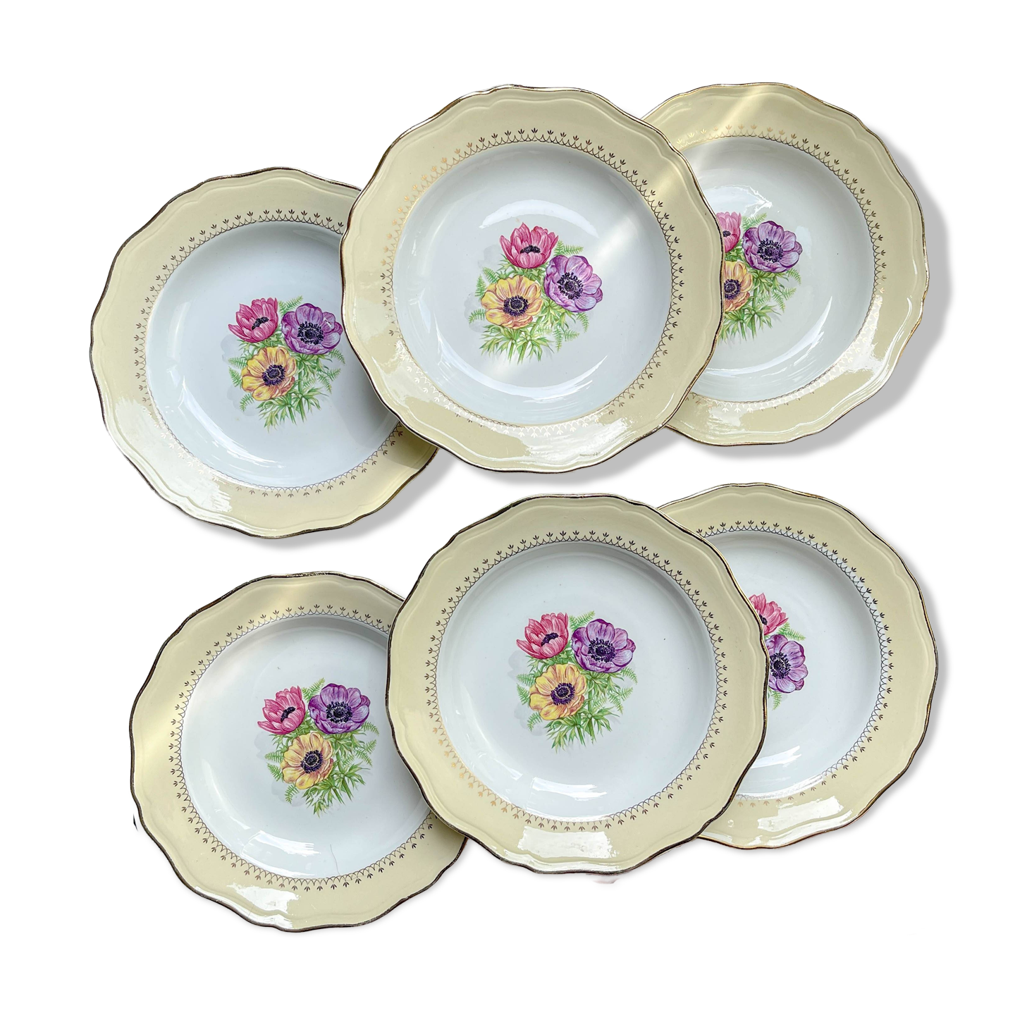 6 vintage porcelain soup plates with white and golden yellow floral pattern L'Amandinoise "Coopélia"