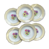6 vintage porcelain soup plates with white and golden yellow floral pattern L'Amandinoise "Coopélia"