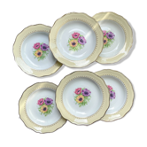 6 assiettes creuses en porcelaine vintage motif fleuri blanche jaune doré L'Amandinoise "Coopélia"