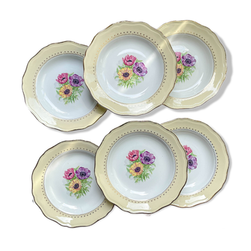 6 vintage porcelain soup plates with white and golden yellow floral pattern L'Amandinoise "Coopélia"