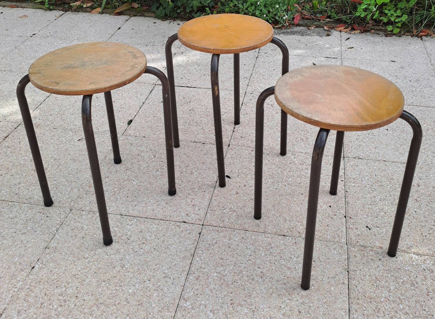 3 wooden and tube school stools
