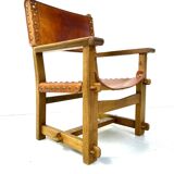 Antique French Handmade Brutalist Oak & Cognac Leather Castle Chair, 1920s.