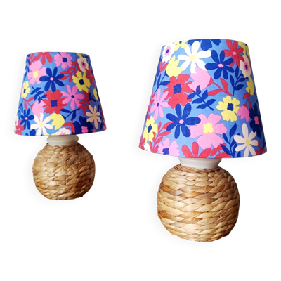 Paire de lampes osier et abats-jour 1970 sur mesure