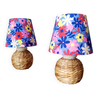 Pair of custom-made wicker lamps and shades from the 1970s