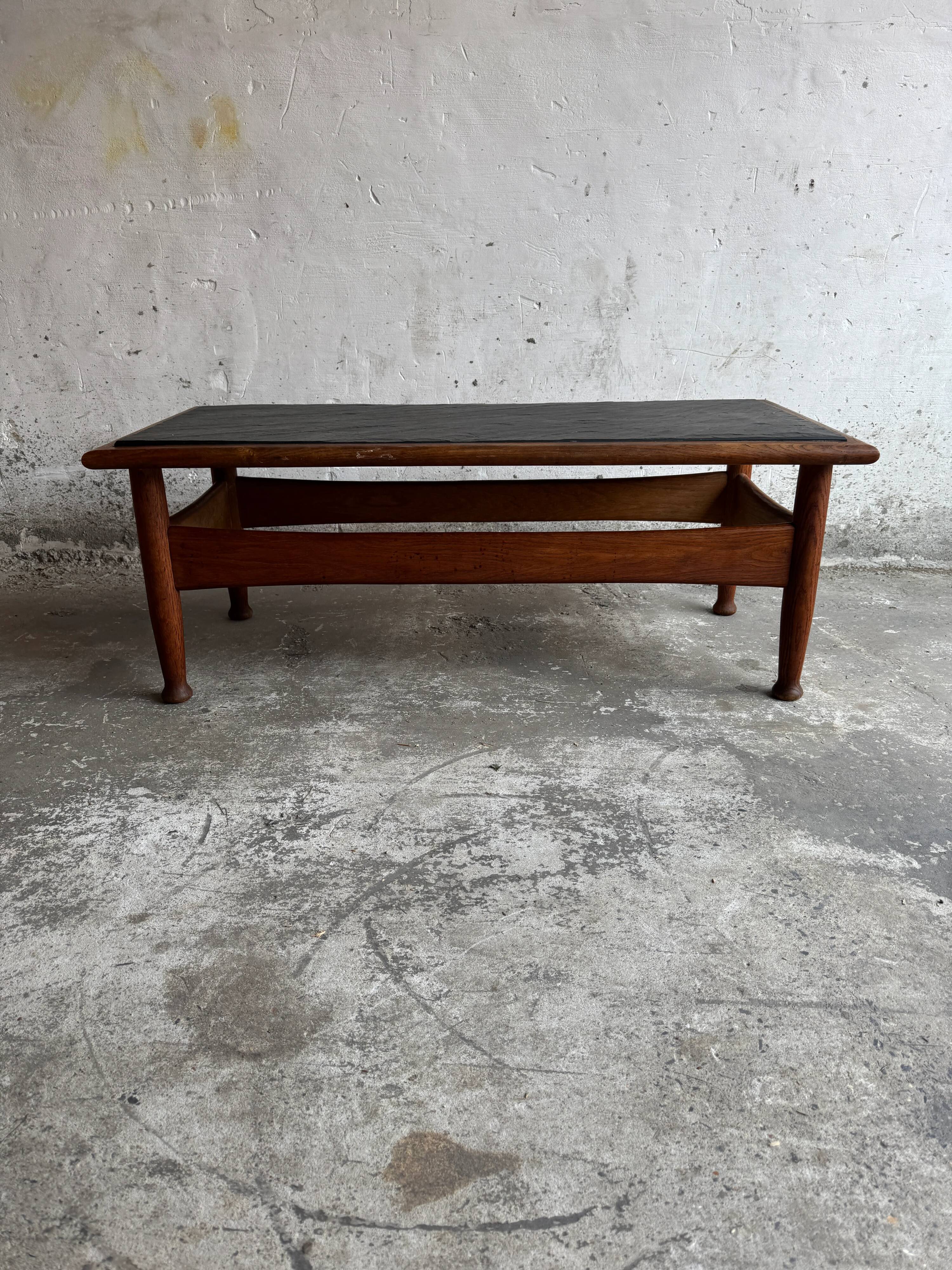 Vintage Oak Coffee Table with Dark Slate Top — Warm Oak Frame and Charcoal Slate Surface
