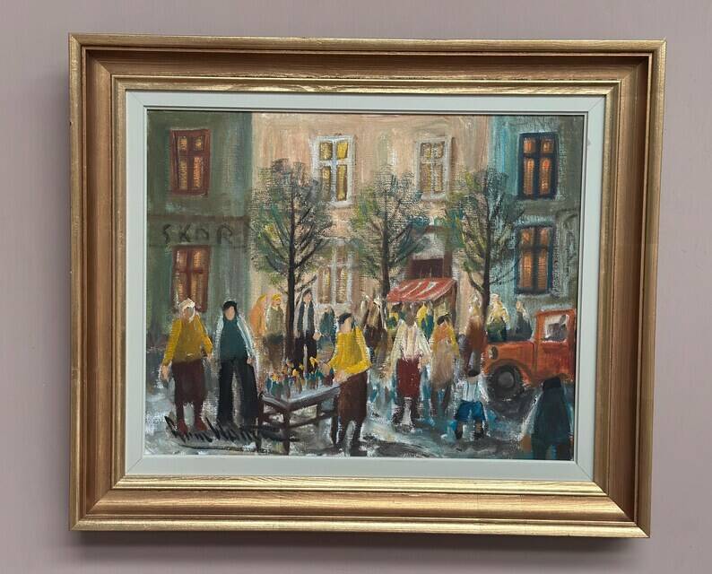 Original Swedish Oil on Canvas – “Market Scene” by Arne Wallsten – Signed