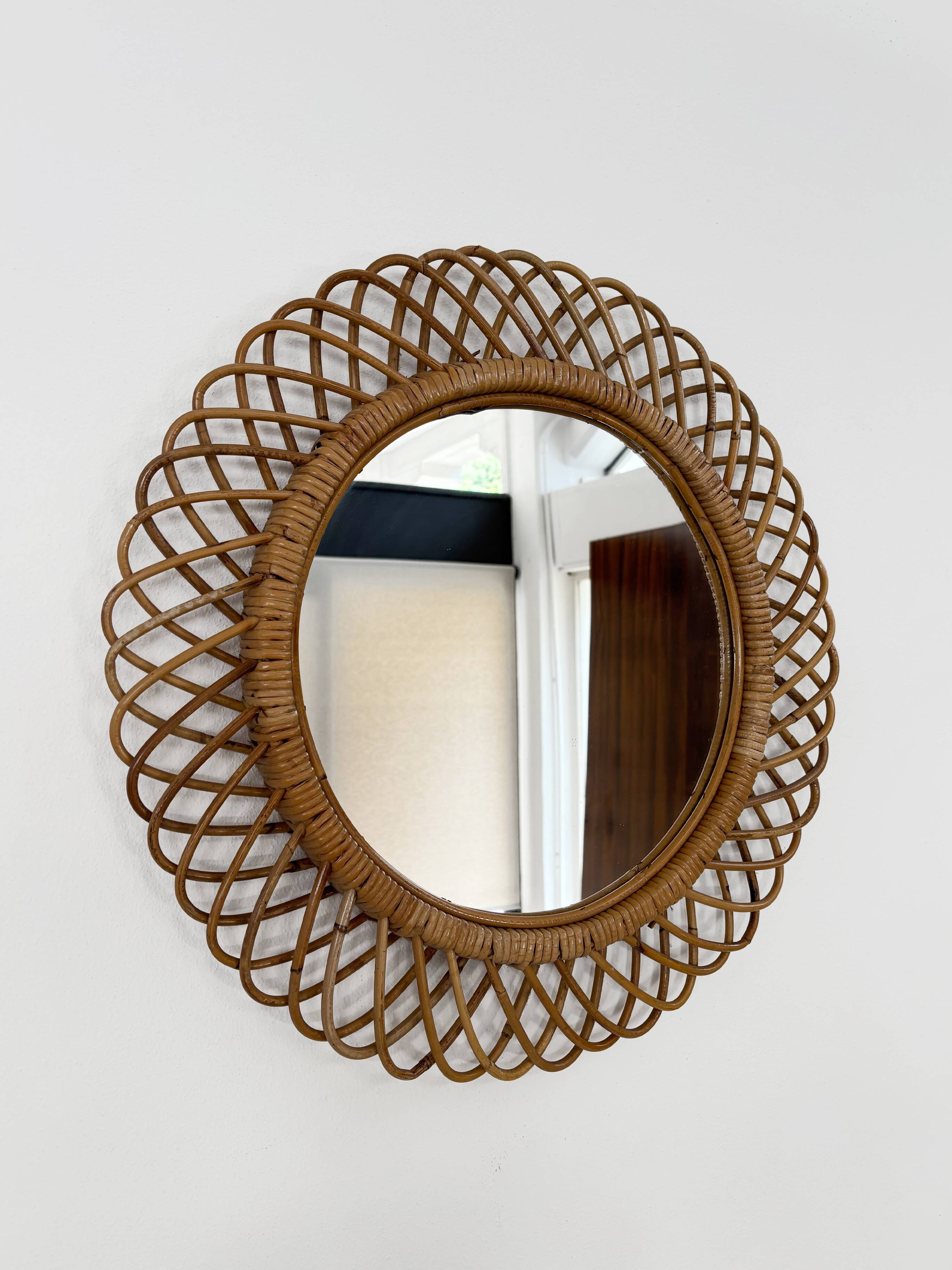Italian Circle Rattan Bamboo Wall Mirror, 1960s