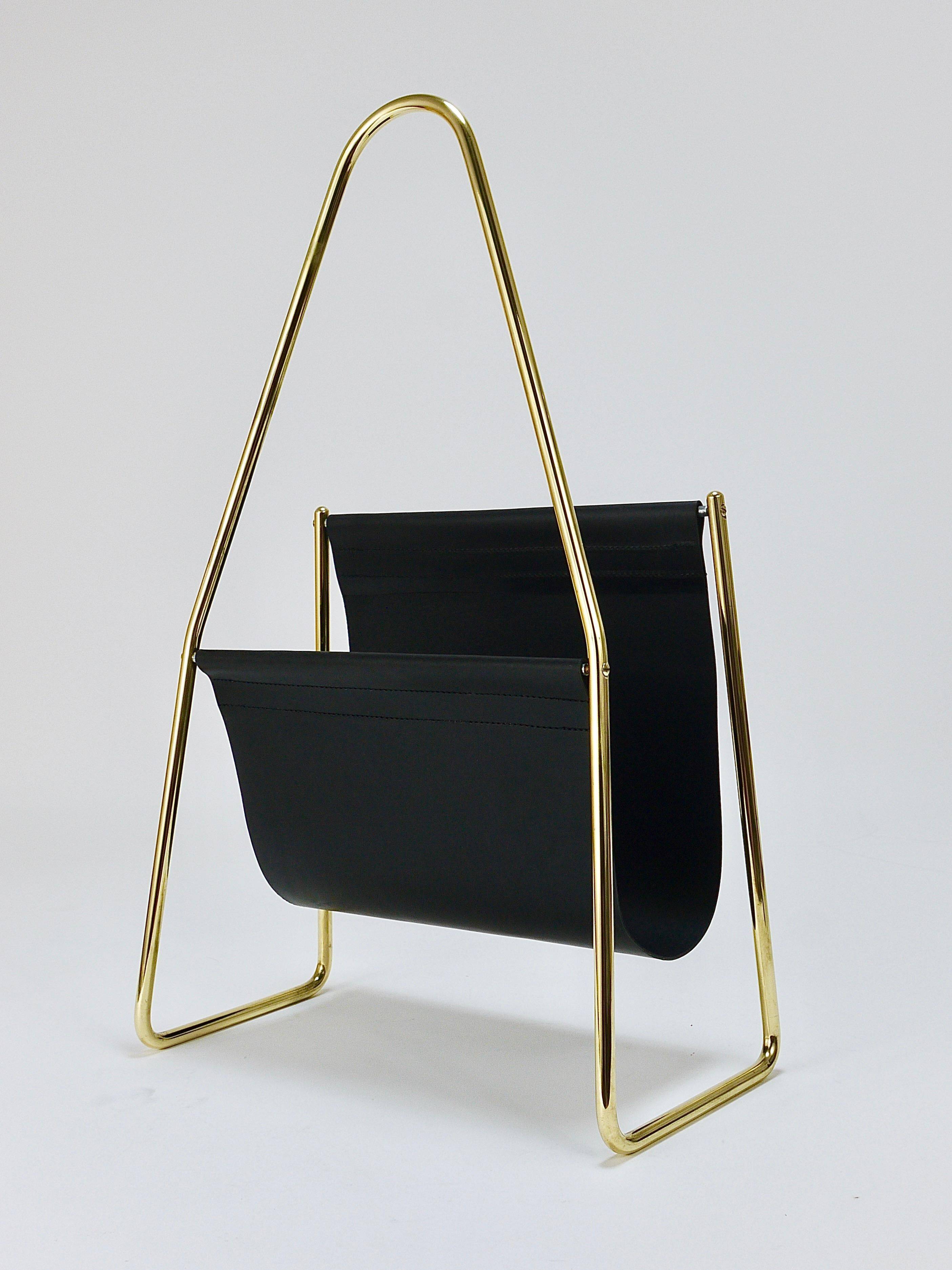 Carl Auböck II Midcentury magazine rack, brass and black leather, vintage, Austria