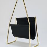 Carl Auböck II Midcentury magazine rack, brass and black leather, vintage, Austria