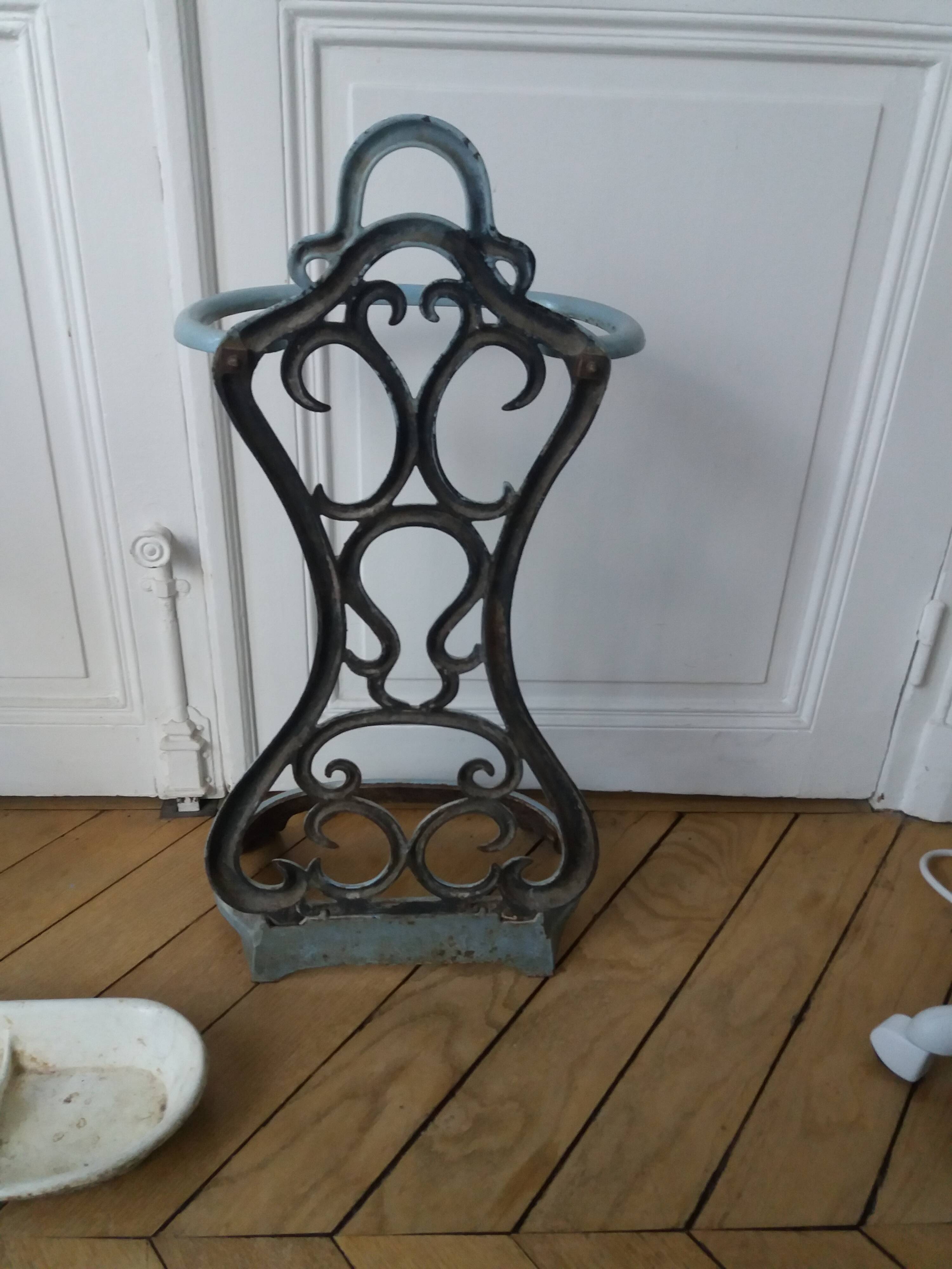 ANTIQUE ENAMELLED BLUE CAST IRON UMBRELLA STAND ART NOUVEAU STYLE