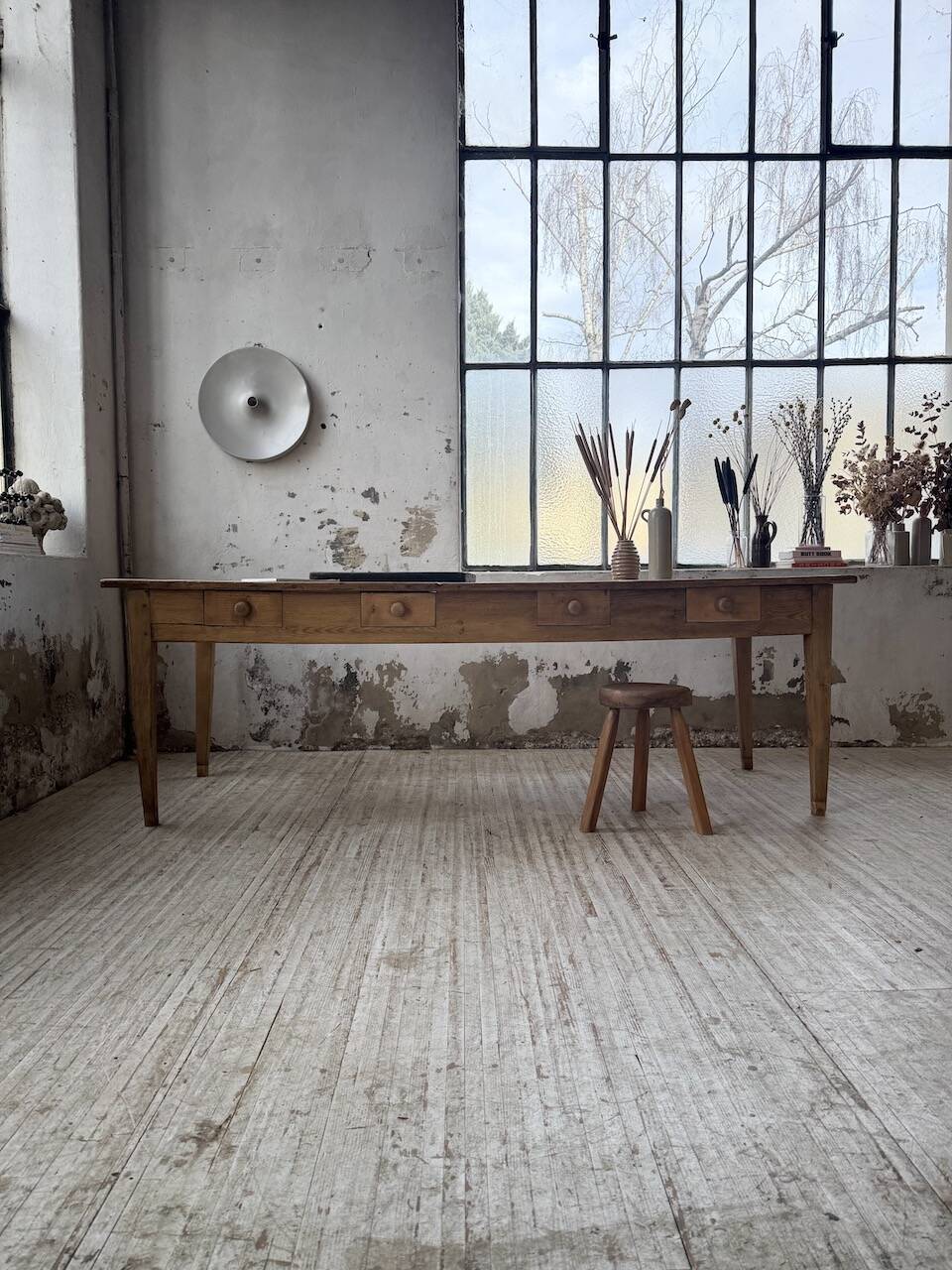 Pine and oak farmhouse table with multiple drawers, communal type, 240cm.