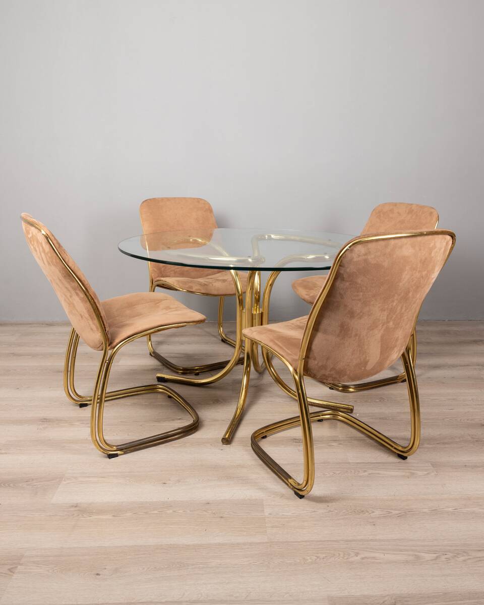Ensemble de 4 chaises et table vintage années 70 en métal doré design gastone rinaldi
