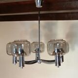 5-spoke chromed metal chandelier and smoked glass globes from Maison See Delmas 1970 vintage