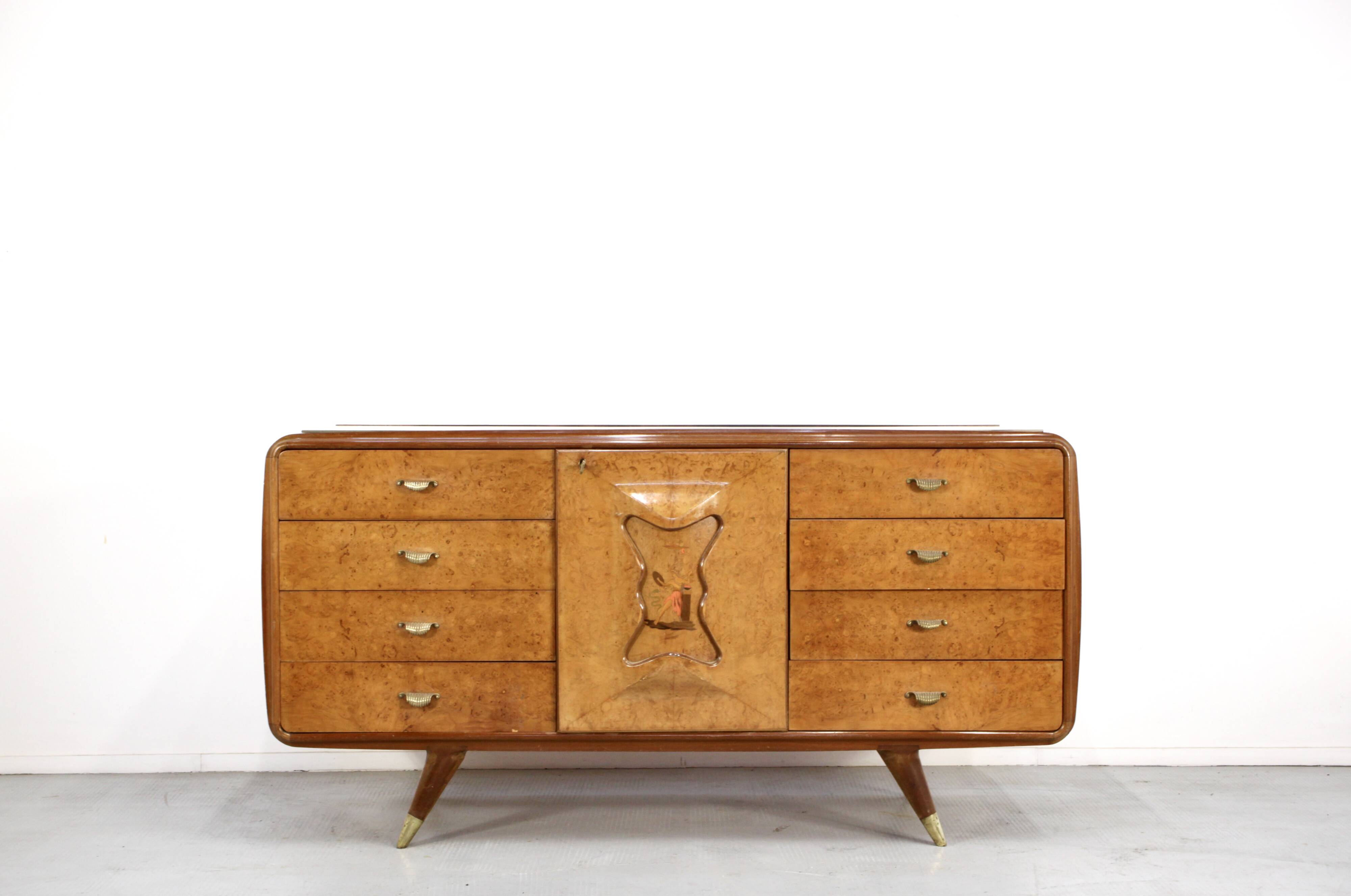 Italian Art Deco Sideboard In Walnut Burl And Brass.