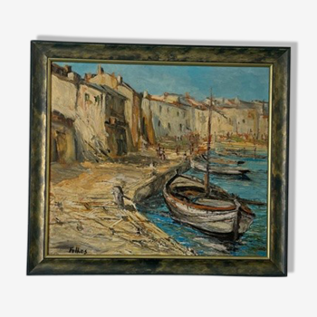 Painting signed Filhos oil on panel 1950 "Port de Martigues".