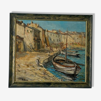 Tableau signé Filhos huile sur panneau 1950 "Port de Martigues".